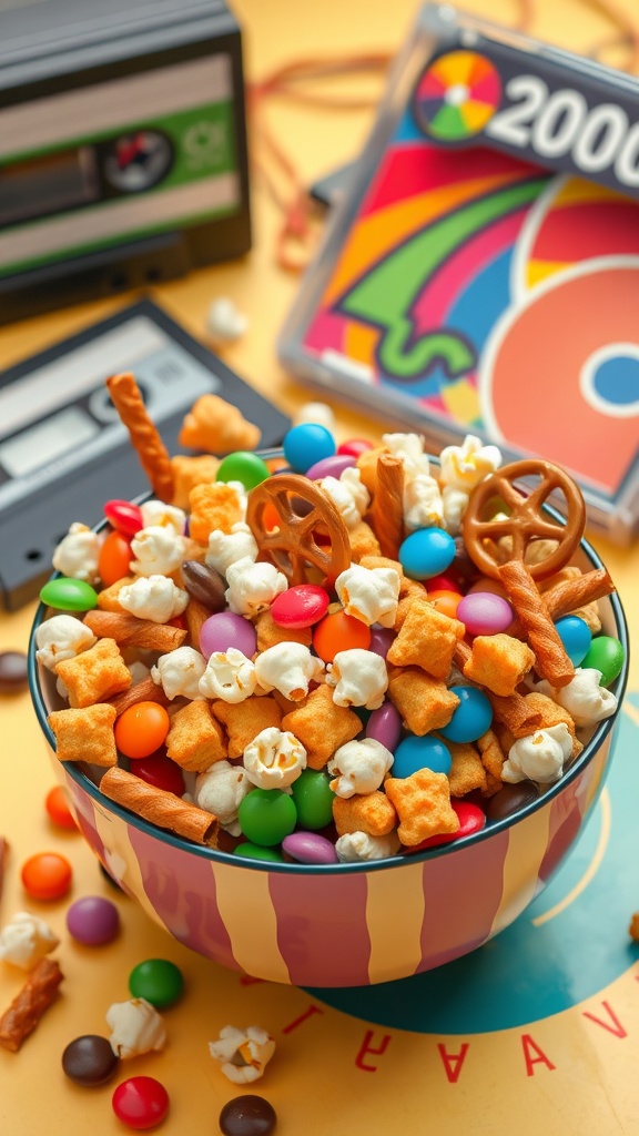 A colorful bowl of 2000s style snack mix with pretzels, popcorn, and chocolate candies on a cheerful table.